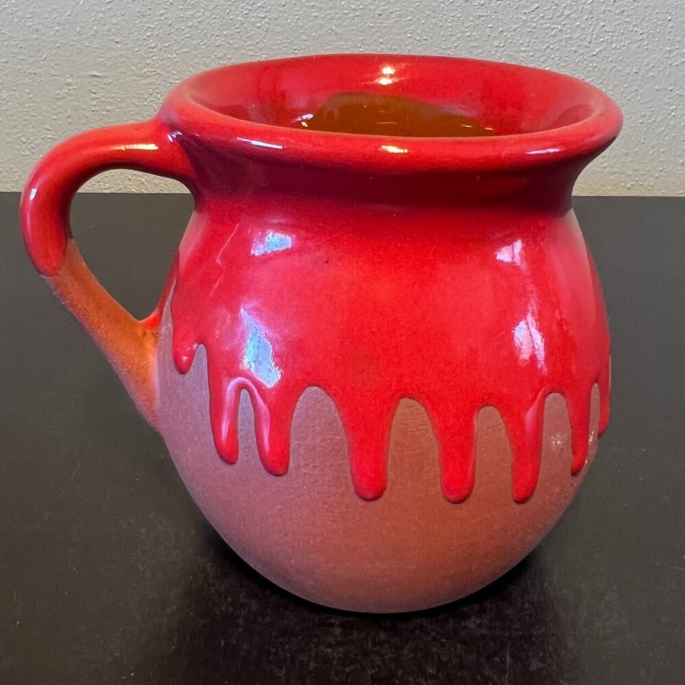 Vtg Mexican Barro Pottery Mug Red Drip Glaze Jarrito de Barro Artisan Clay Cup